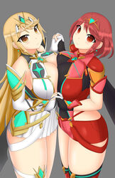 2girls blonde_hair breast_to_breast breasts cleavage clothed dress earrings female female_only hand_holding large_breasts long_hair looking_at_viewer mythra nintendo pyra red_eyes red_hair revealing_clothes short_dress short_hair smile somegu xenoblade_(series) xenoblade_chronicles_2 yellow_eyes