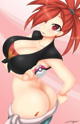 1girls alternate_version_available ass boobs_and_butt_pose breasts cleavage dat_ass eye_visible_through_hair female female_only flannery_(pokemon) flannery_(pokemon_oras) gym_badge_(pokemon) gym_leader heart-shaped_pupils large_breasts looking_at_viewer mooning pants_down poke_ball pokemon pokemon_rse red_eyes red_hair smile solo somegu steam sweat tied_hair tied_shirt tongue_out