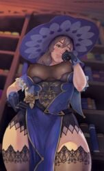 1girls big_breasts curvy female female_only genshin_impact gloves green_eyes hat kotan large_breasts lisa_(genshin_impact) looking_at_viewer nipples nipples_visible_through_clothing solo solo_female thick thick_thighs thighhighs thighs voluptuous wide_hips