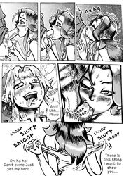 1boy 1girls ahe_gao ball_fondling ball_sucking black_and_white comic comic_page deepthroat english english_text fellatio hair human hylian link link_(ocarina_of_time) long_hair male_ahegao malon naughty_face ocarina_of_time oral petite pointy_ears saikyo3b seductive_eyes the_legend_of_zelda throat_barrier throat_bulge tight_throat tongue tongue_out undressing