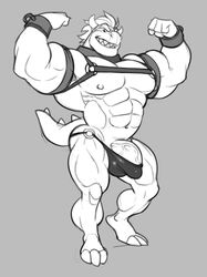 abs analon_(artist) anthro big_arms big_pecs bowser bulge clothing flexing genitals grey_background harness hi_res koopa male male_only mario_(series) monochrome muscular muscular_male navel nintendo nude pecs penis scalie simple_background sketch solo speedo swimwear thick_thighs toomanyboners video_games