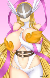 1girls alternate_version_available angel angewomon asymmetrical_clothes belt blonde_hair breasts digimon eyes_covered female female_only hand_on_own_breast large_breasts long_hair mask navel peace_sign revealing_clothes ribbon smile solo somegu very_long_hair