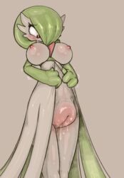 anthro big_breasts big_pussy blush bodily_fluids body_blush breasts clothing female female_gardevoir gardevoir genital_fluids genitals hi_res hyper hyper_genitalia hyper_pussy nervous nintendo nipples pink_nipples pokémon_(species) pokemon pokemon_(species) pokemon_rse pussy pussy_blush pussy_juice scruffythedeer shaking simple_background solo tan_background undressing video_games