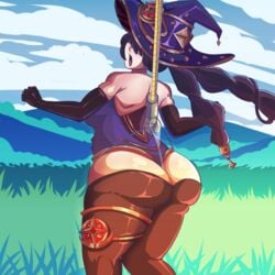 ass female_only genshin_impact hat massive_ass mona_(genshin_impact) panties pantyhose polarbeark solo wedgie witch witch_hat