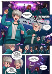 blue_eyes clothing comic costume cute_male english_text eyelashes femboy festive hi_res indoors inside isaac_(zipsha) jacket light light-skinned_male light_skin male male_only multiple_boys netflix pants party rio_(ra4s) shirt short_hair speech_bubble squid_game standing taiyo_akari text white_hair yellow_eyes zipsha