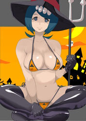 1girls alternate_breast_size arched_back blue_hair blush breasts cleft_of_venus cloud collarbone covered_erect_nipples creatures_(company) eyebrows_visible_through_hair female female_only freckles game_freak gold_hairband hair_tie hairband halloween highres lana's_mother_(pokemon) large_breasts long_hair looking_at_viewer makoto_daikichi mature_female mob_face navel nintendo open_mouth pokemon pokemon_(anime) pokemon_sm short_hair sitting tied_hair