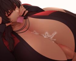 1girls after_paizuri breasts cleavage condom condom_in_mouth condom_wrapper cum cum_between_breasts cum_on_breasts deep_cleavage edit ejaculation_between_breasts female female_only gigantic_breasts huge_breasts hyper_breasts looking_at_viewer massive_breasts nachocobana paizuri paizuri_invitation raven_branwen rwby semen third-party_edit unopened_condom_wrapper