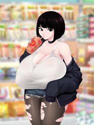 1girls big_breasts casual cleavage clothed clothed_female female female_only gigantic gigantic_breasts looking_at_viewer non-nude original ripped_clothing saburox short_hair solo standing tagme