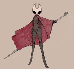 anthro arthropod black_body breasts featureless_breasts female genitals hi_res hollow_knight hornet_(hollow_knight) insects melee_weapon no_artist_signature no_nipples polearm pussy scruffythedeer simple_background spear team_cherry video_games weapon white_head