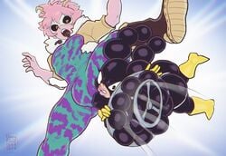 1boy 1girls ass bodysuit boots borrowed_character bulge clenched_teeth female_mineta genderswap_(ftm) genderswap_(mtf) hero_outfit_(mha) horns lipstick mina_ashido minoru_minene minoru_mineta miserdirt my_hero_academia pink_skin rule_63 scene_reference shortstack surprised twintails