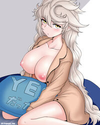 :t bare_legs blush breasts buttons closed_mouth collarbone cypress eyebrows_visible_through_hair female hair_between_eyes kantai_collection large_breasts long_hair long_sleeves naked_shirt nipples open_clothes pout shirt solo twitter_username unryuu_(kantai_collection) very_long_hair white_hair yellow_eyes yes yes-no_pillow