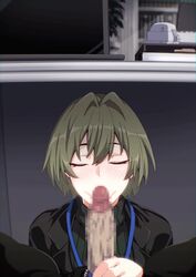 1boy 1girls akina-chan animated blowjob blush buckethead_ero censored cum cum_on_face deep_blowjob ejaculation eye_contact facial fellatio fellatio_under_table female green_eyes green_hair hi_res large_penis licking_lips longer_than_30_seconds looking_at_viewer male mature mature_female naughty_face office office_lady oral orgasm original penis pov ruined_orgasm seductive seductive_smile short_hair smile sound tongue tongue_out under_the_table video