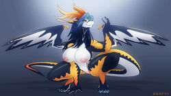 anthro anthrofied battle_franky blue_body blue_eyes blue_hair breasts claws dragon fan_character female female_only hair horns multicolored_body nipples pussy simple_background smile solo vagina wings yellow_body