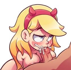 1boy1girl 1girls blonde_hair blowjob blue_eyes blush breasts cum_in_mouth disney disney_channel disney_xd headband light-skinned_female light_skin male/female offscreen_male oral oral_creampie partial_male penis star_butterfly star_vs_the_forces_of_evil straight tan_skin tanned_male tanned_skin the_other_half white_background