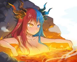 1girls :o bangs bare_shoulders bathing blue_eyes blue_hair blue_horns blush breasts bright_pupils day dragon_girl dragon_horns eyebrows_visible_through_hair glowing highres horns inferna_dragnis large_breasts lava long_hair molten_rock monster_girl nude orange_eyes original outdoors outstretched_arms pale_skin red_hair red_horns rock shiny shiny_skin sitting smoke solo spread_arms symbol-shaped_pupils volcanic_setting volcano white_pupils