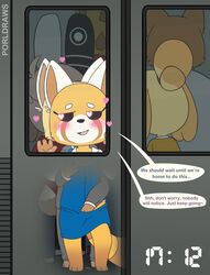 <3_eyes 2d absurd_res against_glass aggressive_retsuko ailurid animal_crossing anthro blush bottomwear clothing dialogue dripping dripping_pussy duo female grope groping_breasts heart hi_res isabelle_(animal_crossing) male male/female mammal nintendo office_lady porldraws public public_transportation red_panda resasuke retsuko sanrio skirt smooth_fur speech_bubble suit text video_games