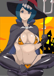 1girls alternate_breast_size arched_back blue_hair blush breasts cleft_of_venus cloud collarbone covered_erect_nipples creatures_(company) eyebrows_visible_through_hair female female_only freckles game_freak gold_hairband hair_tie hairband halloween highres lana's_mother_(pokemon) large_breasts long_hair looking_at_viewer makoto_daikichi mature_female mob_face navel nintendo open_mouth pokemon pokemon_(anime) pokemon_sm short_hair sitting tied_hair