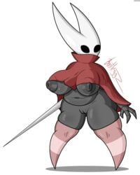 2021 alpha_channel anthro arachnid arthropod ass big_breasts black_body black_eyes black_nipples blush bootleggz breasts cel_shading cloak clothed clothing digital_media_(artwork) fecharis female fingers footwear genitals glistening glistening_body hi_res hollow_knight horn hornet_(hollow_knight) huge_breasts humanoid insects legwear nipples not_furry puffy_nipples pussy shaded signature simple_background slightly_chubby socks solo spider standing stockings team_cherry thick_thighs topwear transparent_background under_boob video_games weapon