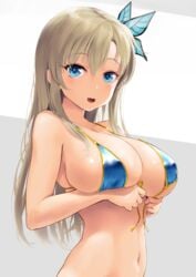 bikini blonde_hair blue_bikini blush boku_wa_tomodachi_ga_sukunai breasts female hair_ornament long_hair looking_at_viewer oerba_yun_fang open_mouth sena_kashiwazaki solo wa_(genryusui)