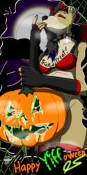 1:2 absurd_res alpaccasneaky anthro bodily_fluids breasts collar cum cum_in_pumpkin cum_inside futanari genital_fluids halloween_costume halloween_pumpkin herm hi_res hyaenid intersex jack-o'-lantern mammal sierra solo solo_focus trick_or_treat