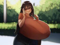 1girls brown_hair cellphone fully_clothed gigantic_breasts hyper_breasts narita_(naze) naze