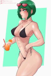 1girls abs bikini bra breasts ela_(rainbow_six) eyewear_on_head female female_only green_eyes green_hair lettuce_uwu muscular_female painted_nails panties rainbow_six rainbow_six_siege solo sunglasses sunglasses_on_head sweat tagme thong underwear