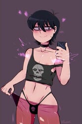 1boy black_hair blush bulge choker crossdressing eyebrows femboy garment girly goth_femboy heart male male_focus male_only navel partially_clothed peonymami phone plain_background short_hair simple_background smile solo standing tank_top thong trap