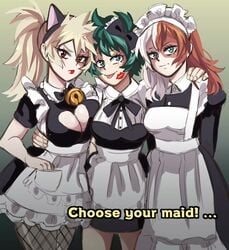 3girls adult_swim apron big_breasts breast_to_breast cat_ears cleavage female female_bakugou female_deku female_only female_todoroki fully_clothed genderswap_(mtf) green_eyes green_hair heterochromia izuku_midoriya katsuki_bakugou lesbian_kiss lipstick lipstick_mark maid maid_apron maid_headdress maid_outfit maid_uniform my_hero_academia ponytail red_lipstick rule_63 short_hair shouto_todoroki spiky_hair take_your_pick toonami two_tone_hair yuri