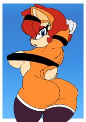 5_fingers accessory anthro archie_comics ass big_breasts black_nose blindstash blue_eyes breasts clothing eyelashes female fingers footwear fur gloves hair hair_accessory hairband handwear hi_res looking_at_viewer looking_back mammal muscular muscular_female orange_body orange_fur red_hair sally_acorn sega simple_background solo sonic_(series) sonic_the_hedgehog_(archie) sonic_the_hedgehog_(comics)