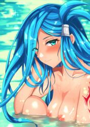 blue_eyes blue_hair blush breasts dana_(ys) eyes_visible_through_hair female hair_over_one_eye large_breasts long_hair looking_at_viewer mussyu_danachan nipples smile solo swimming tattoo water water_drop ys ys_viii_lacrimosa_of_dana