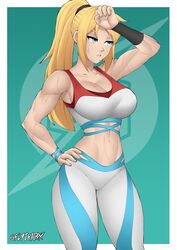 1girls abs alternate_breast_size arm_above_head arm_over_head armpit armpit_peek armpits athletic athletic_female big_breasts blonde_hair blue_hair blue_pants breasts casual_clothes cleavage female female_focus female_only female_protagonist fit fit_female flytrapxx green_background hand_above_head hand_on_head hand_on_hip hi_res highres large_breasts logo metroid metroid_dread midriff mole mole_under_mouth muscles muscular muscular_female navel nintendo pants ponytail red_sports_bra samus_aran simple_background sole_female solo solo_female solo_focus sports_bra sweat sweatdrop sweating sweaty turquoise_background white_background white_pants white_sports_bra workout_clothes wrist_cuff wrist_cuffs wrist_guards yoga_pants