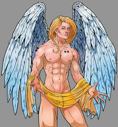 1boy abs bara black_carapace blonde_hair blood_angels eatsbluecrayon freckles golden_cloth green_eyes humanoid imperium_of_man long_hair_male male male_nipples male_only mostly_nude_male muscles muscular_male pecs penis_outline primarch sanguinius_(warhammer_40k) shaved_crotch smooth_skinned_male transparent_clothing warhammer_(franchise) warhammer_40k wings