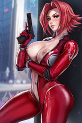 1girls bodysuit breasts code_geass dandon_fuga female gun kallen_stadtfeld lactating lactation lactation_without_expressing milk muscular muscular_female nipples red_hair solo solo_female