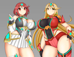 2girls blonde_hair breasts cleavage clothed costume_switch dress earrings female female_only large_breasts long_hair looking_at_viewer mythra navel nintendo plain_background pyra red_eyes red_hair revealing_clothes short_dress short_hair smile somegu xenoblade_(series) xenoblade_chronicles_2 yellow_eyes