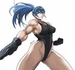 1girls abs athletic athletic_female bangs black_gloves black_leotard blue_eyes blue_hair blush breasts competition_swimsuit covered_erect_nipples female female_focus female_only fit fit_female gloves high_ponytail jewelry king_of_fighters leona_heidern leotard lips muscles muscular muscular_female one-piece_swimsuit ponytail pose ribbed_leotard shibusun signature sole_female solo solo_female solo_focus sweatdrop swimsuit thick_thighs thighs toned white_background