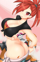 2girls alternate_breast_size alternate_version_available ass big_ass big_breasts boobs_and_butt_pose breasts cleavage dat_ass eye_visible_through_hair female female_only flannery_(pokemon) flannery_(pokemon_oras) gym_badge_(pokemon) gym_leader heart-shaped_pupils large_breasts looking_at_viewer multiple_girls nintendo pants_down pokémon_(species) poke_ball pokemon pokemon_rse red_eyes red_hair smile somegu steam sweat tied_hair tied_shirt tongue_out torkoal