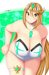 1girls alternate_breast_size blonde_hair breasts choker cleavage clothed earrings female female_only large_breasts leaning_forward long_hair looking_at_viewer mythra nintendo revealing_clothes solo somegu thick_thighs voluptuous xenoblade_(series) xenoblade_chronicles_2 yellow_eyes