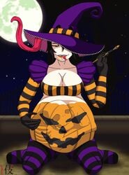 animated black_hair bones bones_in_belly breasts digestion evil_grin fatal_vore halloween halloween_costume living_clothes orange_eyes same_size_vore shibekutaato_(artist) soft_vore stockings struggling_prey tongue_out voka_vorewitch vore vorewitch witch witch_hat