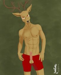 1boy anthro antlers beastars cervid clothing erection furry furry_only genitals hi_res horn louis_(beastars) male male_only mammal muscular nipples penis penis_through_fly poking_out solo tachaal underwear