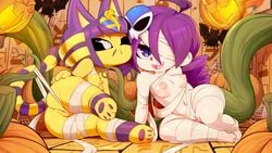 2021 2girls animal_crossing ankha ankha_ride_(minus8) anthro bandages breasts egyptian female_focus halloween human masterploxy multiple_girls nintendo nipples pumpkin purple_eyes purple_fur purple_hair pussy thick_thighs thighs white_skin wrapped wraps yellow_fur zone-tan