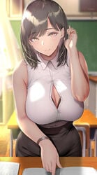 1girls 2021 absurd_res adjusting_hair bare_arms bare_shoulders black_bra black_hair bra bra_peek breasts button_gap chair chalkboard classroom cleavage clothed clothing desk eyebrows_visible_through_hair female female_only gentsuki hair_tucking highres indoors lace lace-trimmed_bra large_breasts leaning_forward looking_at_viewer original partially_unbuttoned pencil_skirt pointing pov school shirt skirt sleeveless sleeveless_shirt smile solo standing sunlight teacher underwear watch wristwatch yellow_eyes