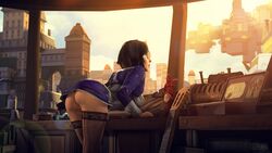 1girls 3d ass ass_focus back_view bent_over big_ass bioshock bioshock_infinite blue_eyes brown_hair busty clothed elizabeth_comstock female female_only hourglass_figure looking_away pose posing serfatboy short_hair short_skirt solo stockings tagme upskirt wide_hips