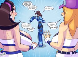 1boy 2girls big_breasts blonde_hair brown_hair brunette cobatsart english_text eyeless_male himbo huge_breasts ill_fitting_clothing long_hair mega_man mega_man_legends mega_man_volnutt roll_caskett shorts skirt text tron_bonne