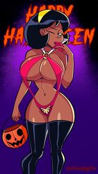 1girls artist_name atomickingboo big_ass big_breasts bikini_bottom black_panties breasts dark-skinned_female dark_skin female female_focus female_only halloween halloween_costume hips large_breasts mindi_tygerson navel_line original original_character pumpkin purple_background short_hair slim_waist the_space_angels thick thick_ass thick_legs thick_thighs toony vampirella vampirella_(cosplay) voluptuous wasp_waist wide_hips