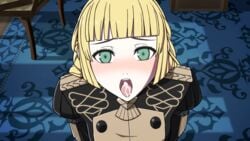 1boy 1girls after_fellatio after_oral ashe_ubert bangs blonde_hair cum cum_in_mouth cum_on_tongue fellatio female_focus fire_emblem fire_emblem:_three_houses garreg_mach_monastery_uniform green_eyes indoors ingrid_brandl_galatea looking_at_viewer nalu_(artist) nintendo open_mouth oral pov textless