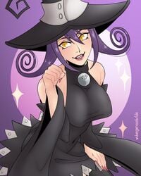 1girls blair_(soul_eater) dangerousbride dress female female_only hi_res long_fingernails long_hair looking_at_viewer pose purple_hair red_fingernails red_lips solo solo_female solo_focus soul_eater sparkles witch witch_hat yellow_eyes