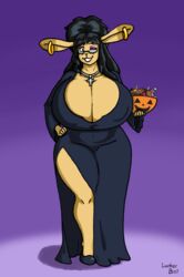 anthro anthro_only big_breasts breasts brown_eyes candy cleavage clothed clothing cosplay dress earrings elvira elvira:_mistress_of_the_dark female food fur halloween huge_breasts jewelry looking_at_viewer lurker-bot maryanne_(lurker-bot) mature_female rabbit simple_background simple_shading smile solo standing thick_thighs thighs wide_hips wig