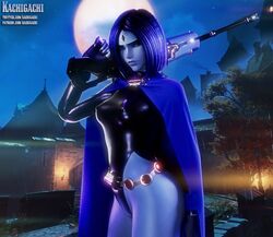 1girls 3d alternate_costume cosplay dc dc_comics halloween highres kachigachi looking_at_viewer overwatch rachel_roth raven_(cosplay) raven_(dc) teen_titans widowmaker