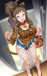 1girls alternate_breast_size big_breasts breasts brown_hair cat_bell cat_ears collar condom female fishnet_pantyhose halloween hilda_(pokemon) jirusu large_breasts leopard_print long_hair minishorts nintendo pantyhose pokemon pokemon_bw shorts slutty_outfit solo thick_thighs thighs