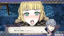 1boy 1girls after_fellatio after_oral ashe_ubert bangs blonde_hair cum cum_in_mouth cum_on_tongue fellatio female_focus fire_emblem fire_emblem:_three_houses garreg_mach_monastery_uniform green_eyes indoors ingrid_brandl_galatea japanese_text looking_at_viewer nalu_(artist) nintendo open_mouth oral pov text text_box